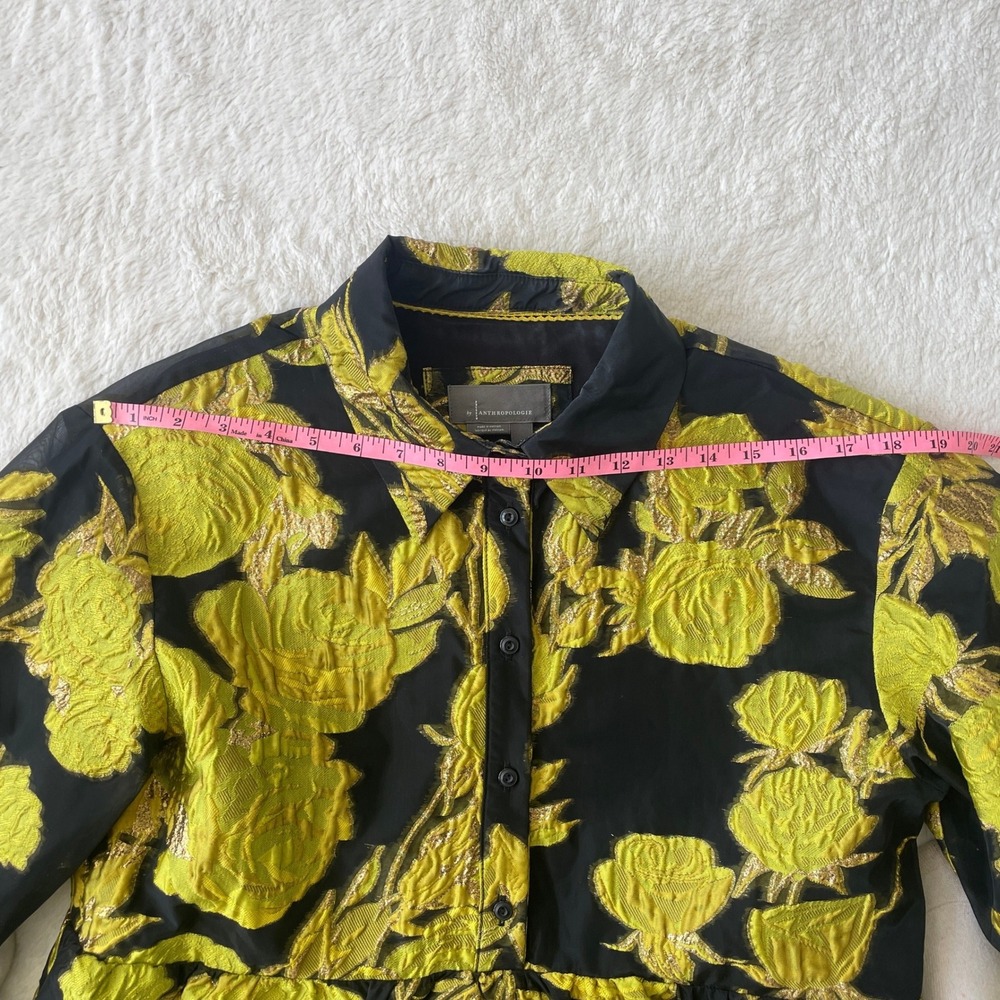 Anthropologie Bettina Jacquard Tiered Mini Shirt Dress Black Gold Floral Medium - Picture 6 of 12
